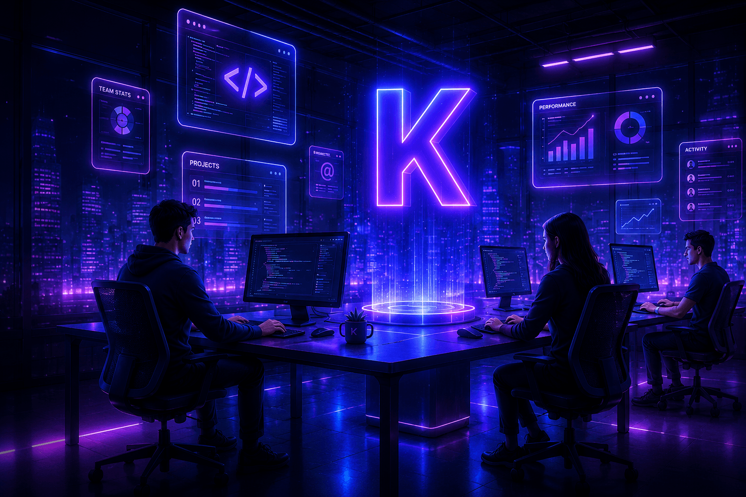 KenoraTech team collaborating in a futuristic studio